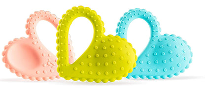 Set of three silicone sensory chew toys in pastel pink, yellow, and blue with textured bumps.