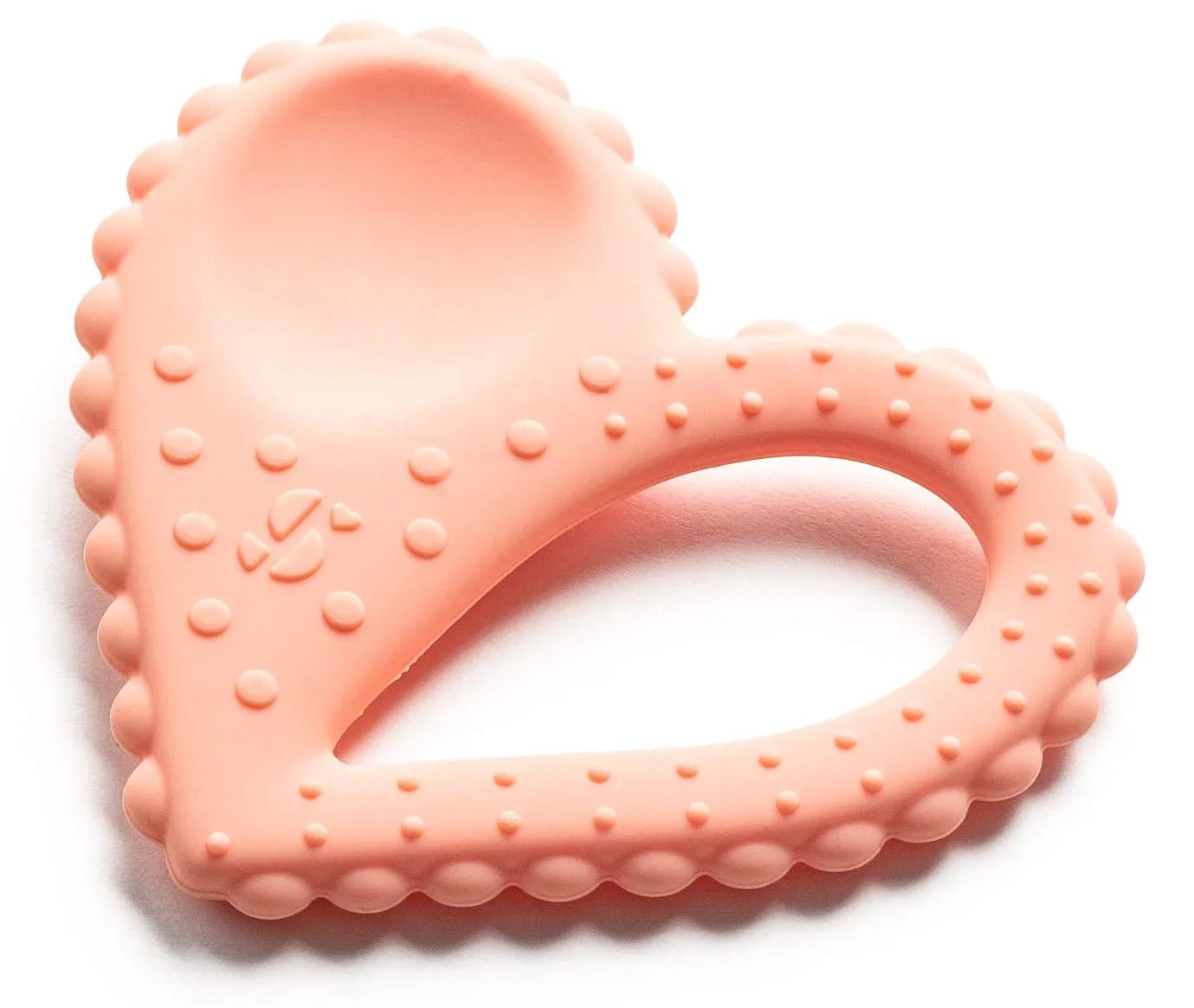 Peach silicone heart-shaped sensory chew toy with textured bumps for oral stimulation