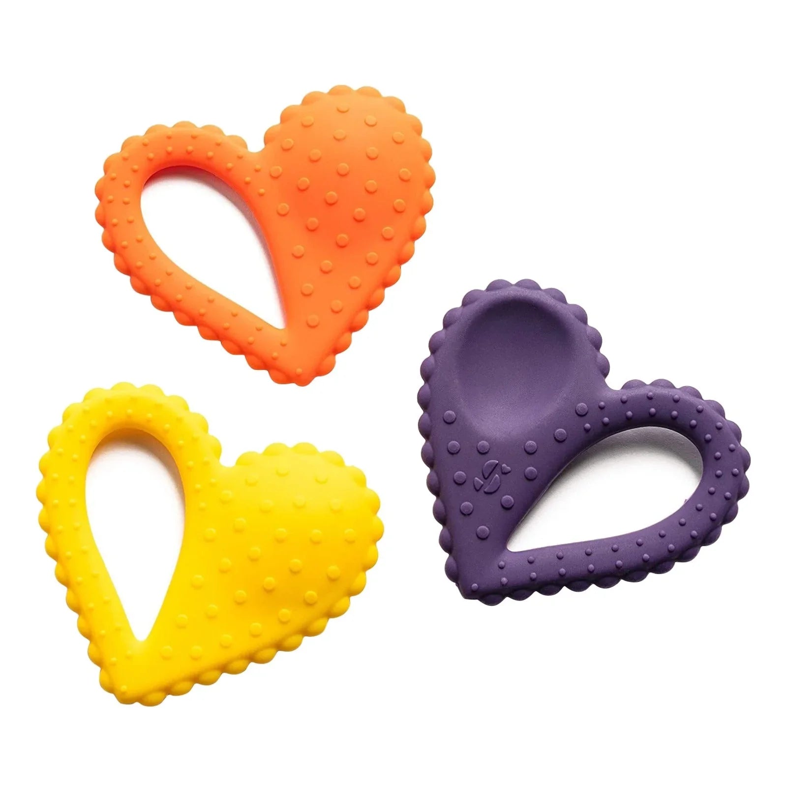 Three heart-shaped sensory chew toys in orange, yellow, and purple on white background.