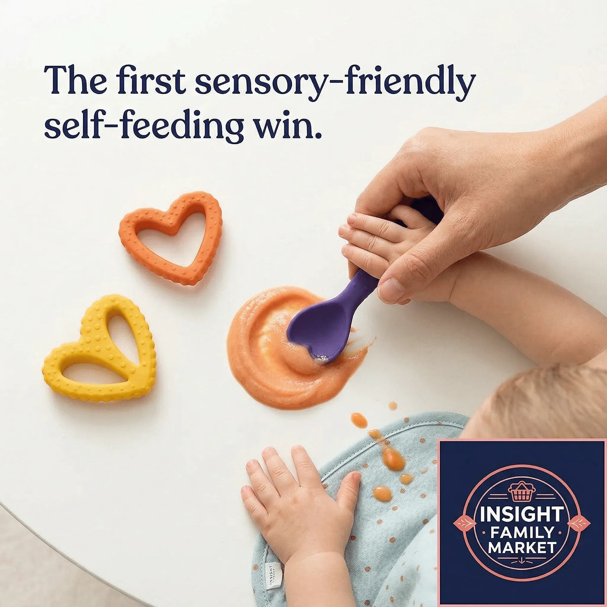 Parent helps child self-feed with a sensory-friendly spoon, puree, and heart-shaped teethers.