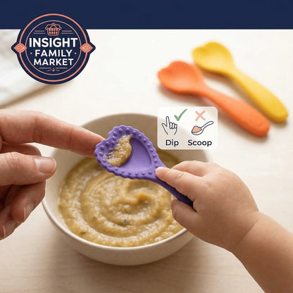Sensory-friendly toddler feeding spoon with textured purple handle, baby hand dipping into puree
