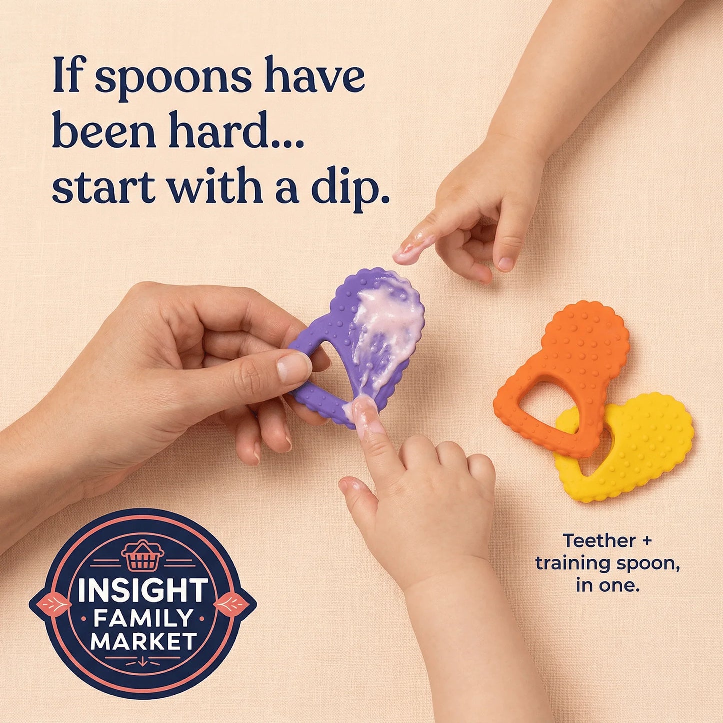 Adult and child using a purple textured teether training spoon with food, orange and yellow teethers nearby.