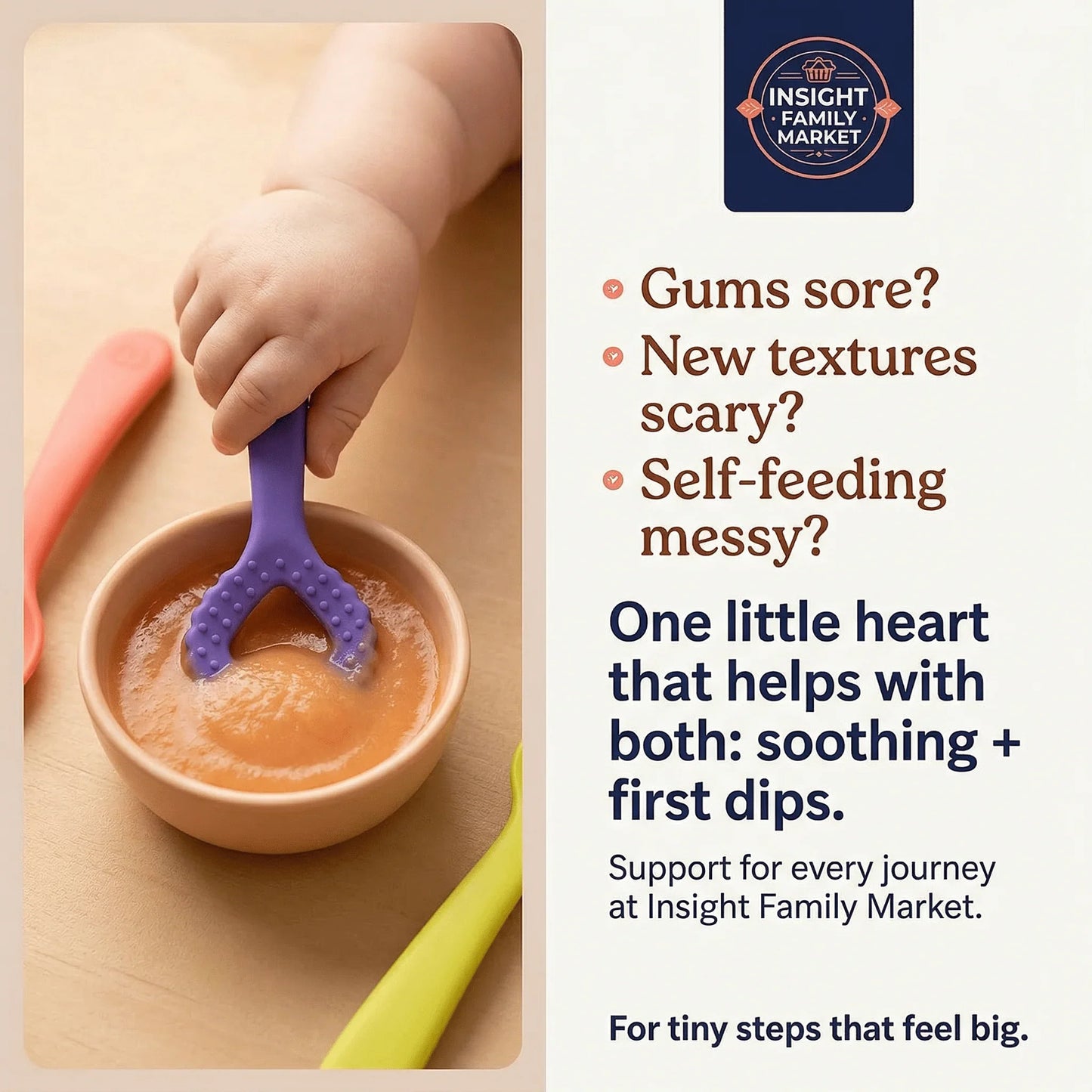 Baby hand holding purple heart-shaped self-feeding sensory spoon in puree bowl, learning tool