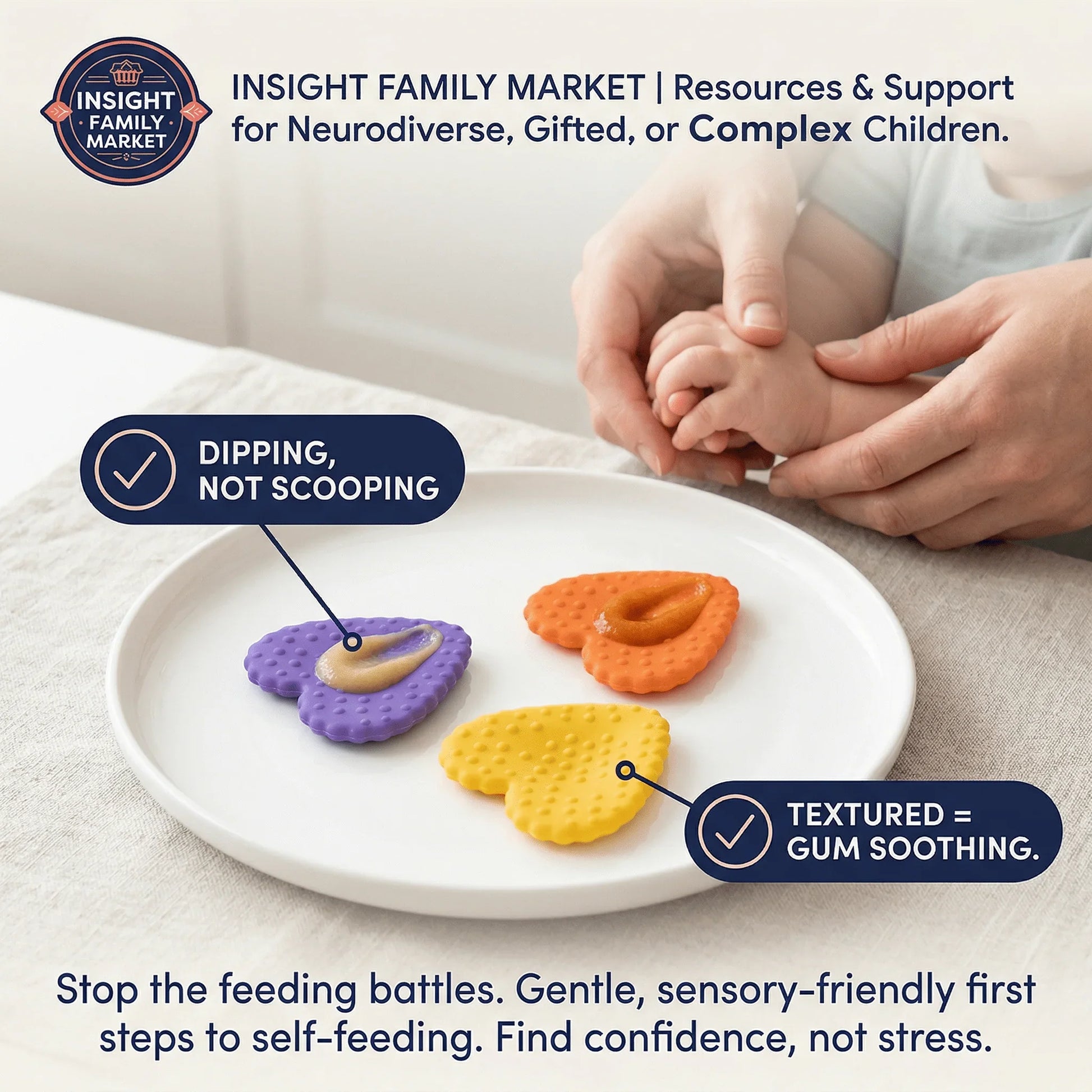 Textured sensory-friendly baby teethers on a plate, adult helping baby hand, gentle self-feeding tool