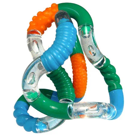 Textured sensory fidget toy with blue, green, orange, and clear interlocking pieces