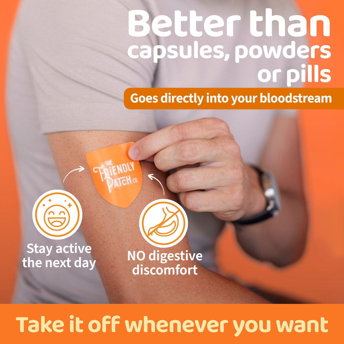Person applying a patch on their arm with promotional text about its benefits.
