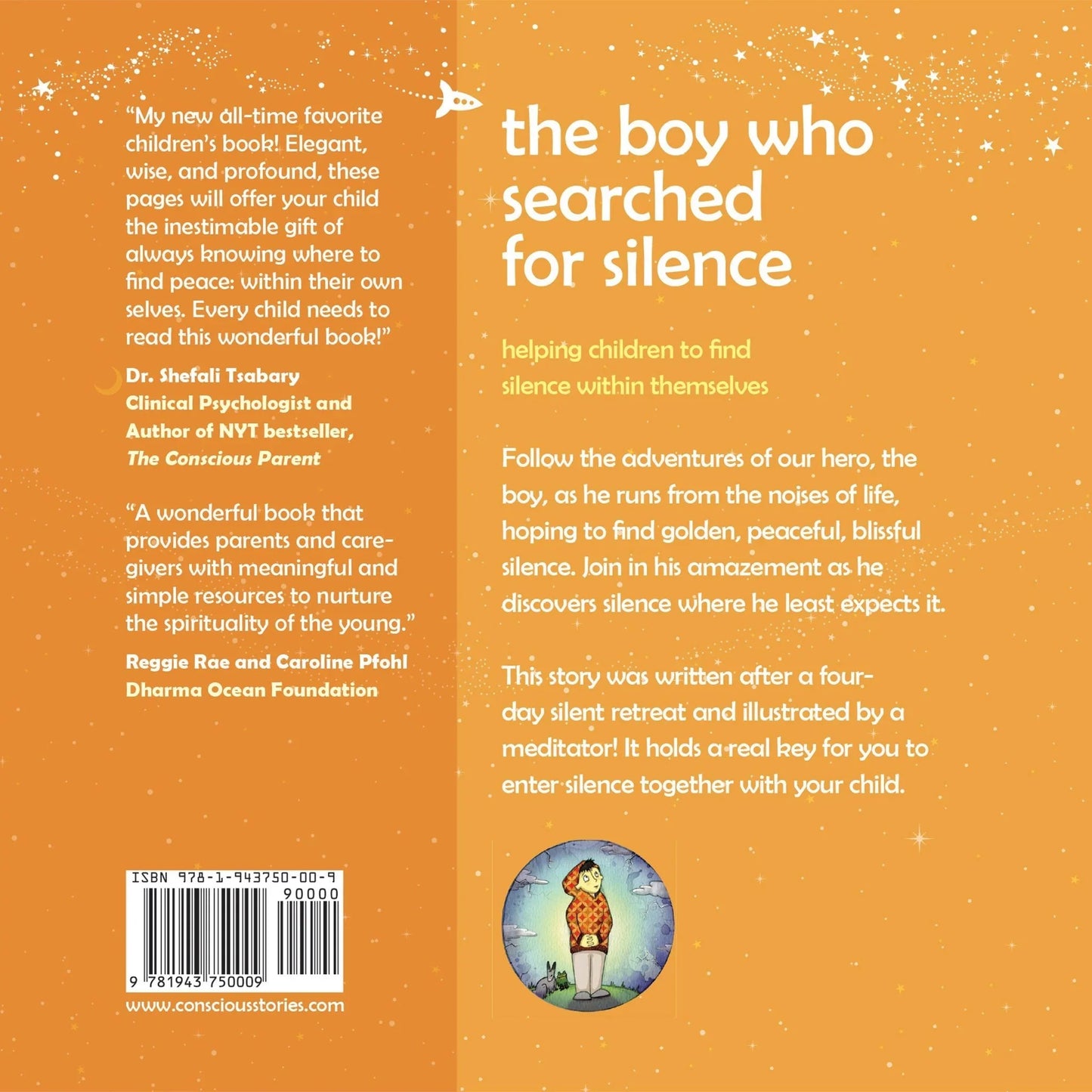 Back cover of 'The Boy Who Searched for Silence' children's book with reviews, description, and small illustration of a boy.