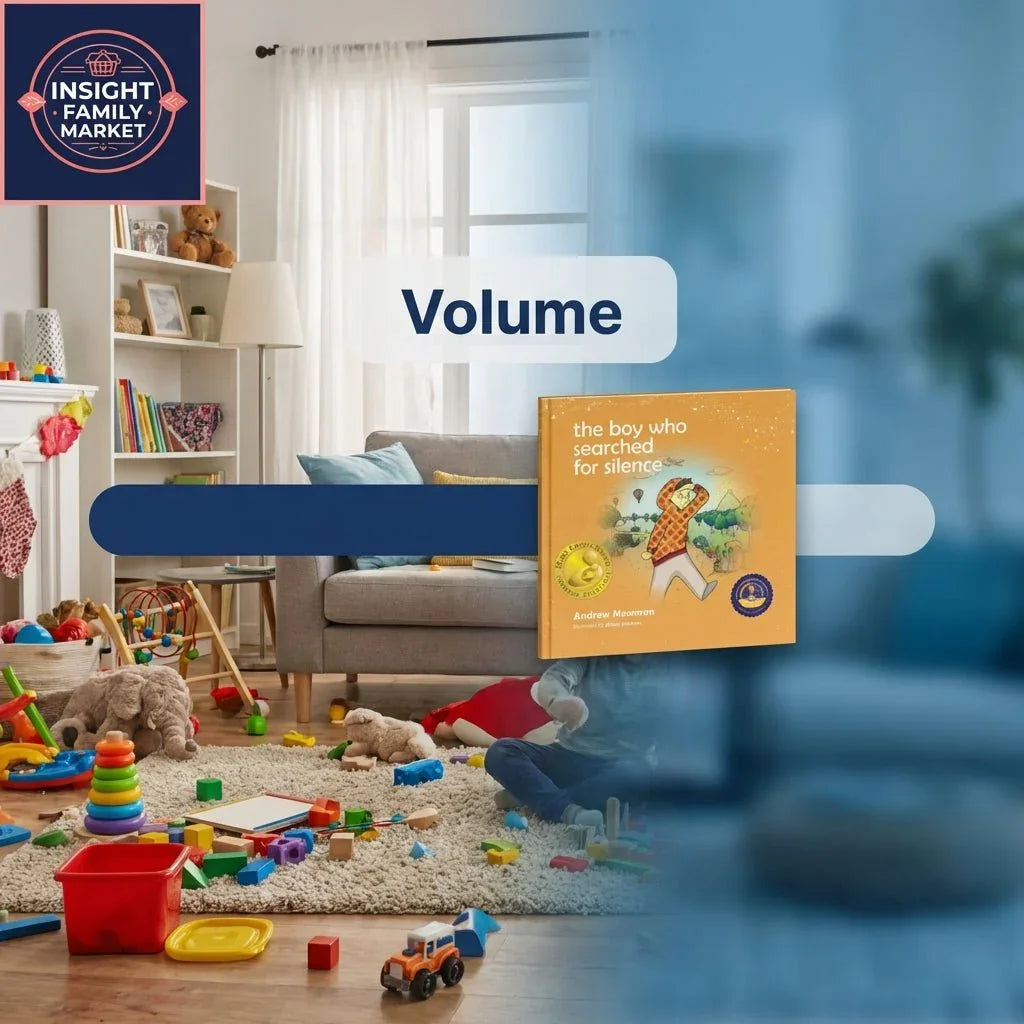 Children’s book in a sensory-friendly living room with toys, calm space, and volume bar graphic.