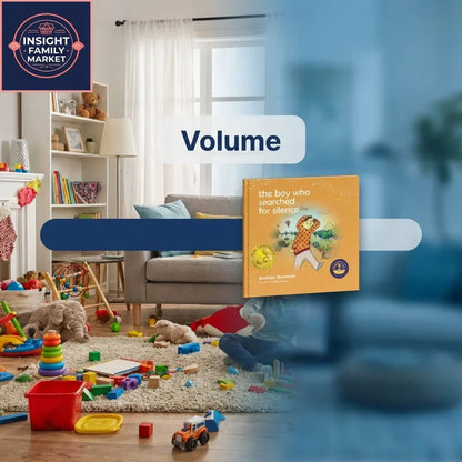 Children’s book in a sensory-friendly living room with toys, calm space, and volume bar graphic.