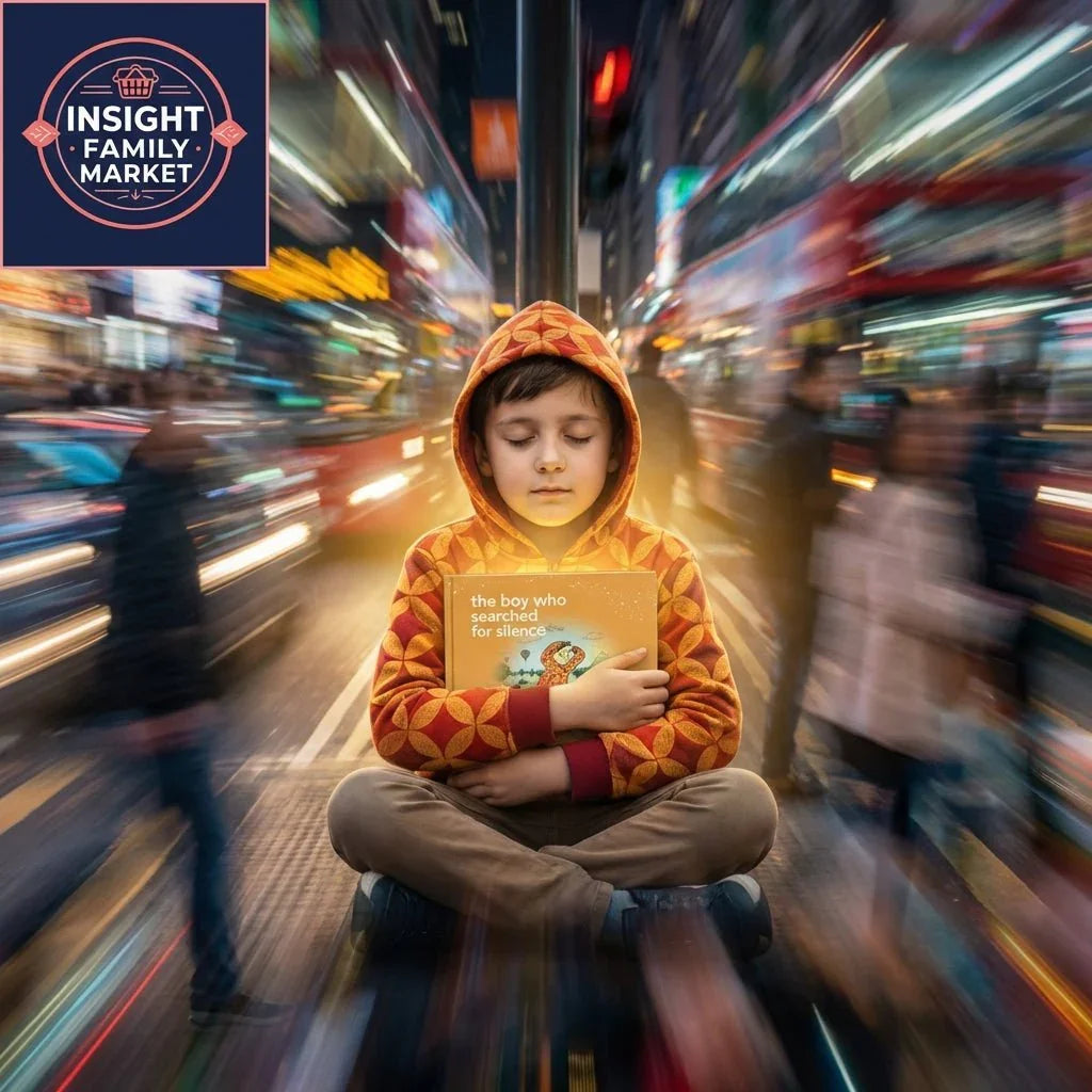 Child in orange hoodie meditating in busy city street, holding a sensory-friendly book for calm.