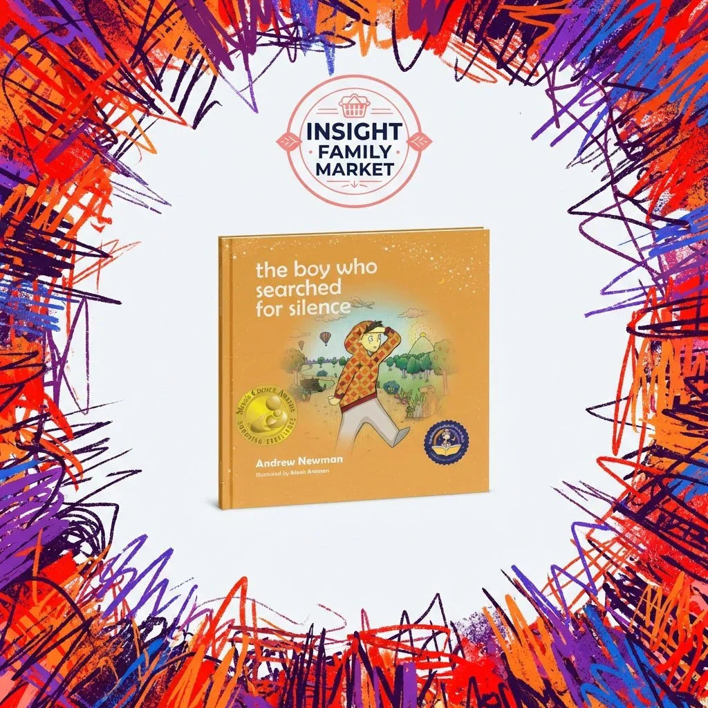 Children’s book 'The Boy Who Searched for Silence' with colorful scribble border, sensory-friendly award badge.