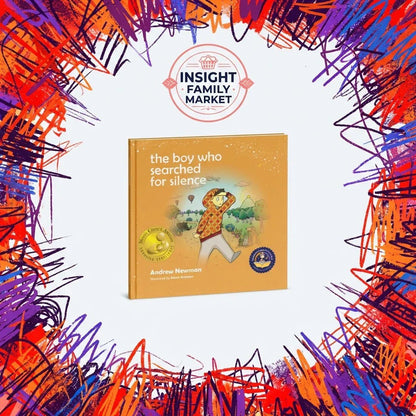 Children’s book 'The Boy Who Searched for Silence' with colorful scribble border, sensory-friendly award badge.