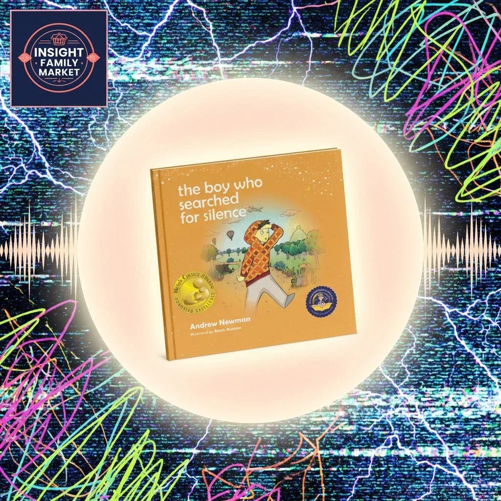 Children's book 'The Boy Who Searched for Silence' on a vibrant sensory background.