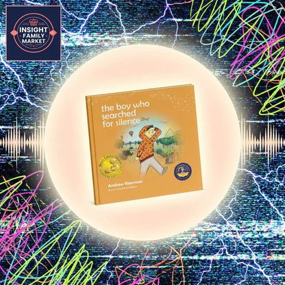 Children's book 'The Boy Who Searched for Silence' on a vibrant sensory background.
