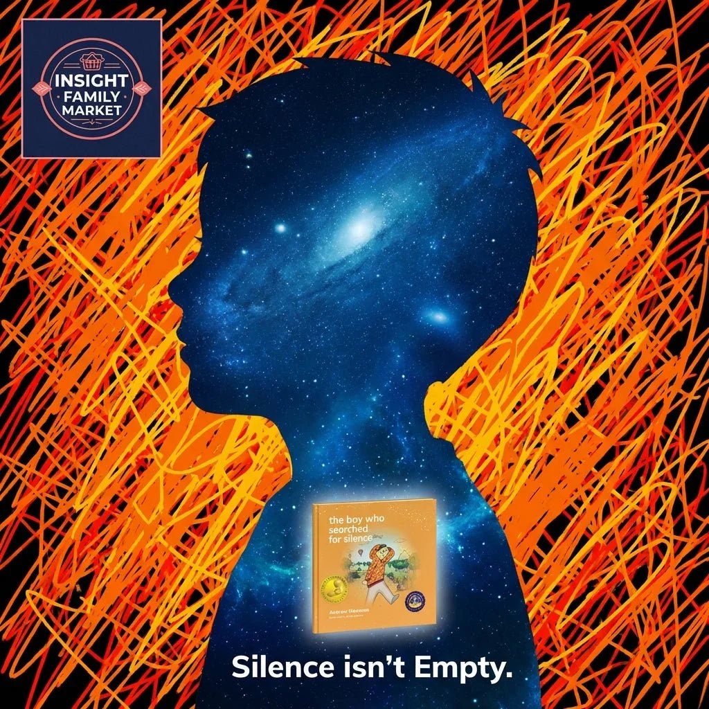 Silhouette of a child filled with a starry galaxy, orange scribbles background, book cover, text: Silence isn’t Empty.