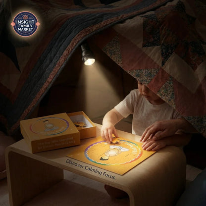 Child assembling sensory puzzle under a cozy blanket fort, guided by an adult, with calming light.