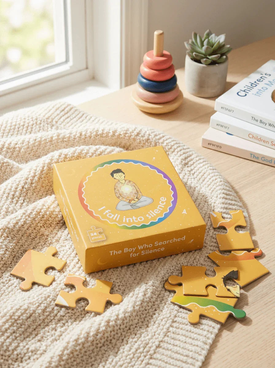 Children’s mindfulness puzzle box titled 'I Fall Into Silence' with scattered pieces, soft blanket, and sensory toys on a wooden table.