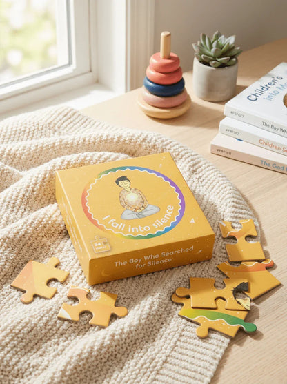 Children’s mindfulness puzzle box titled 'I Fall Into Silence' with scattered pieces, soft blanket, and sensory toys on a wooden table.