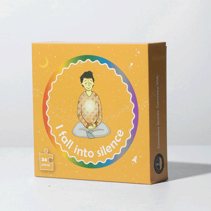 I fall into silence puzzle box with meditating child illustration, autism sensory toy, 24 pieces