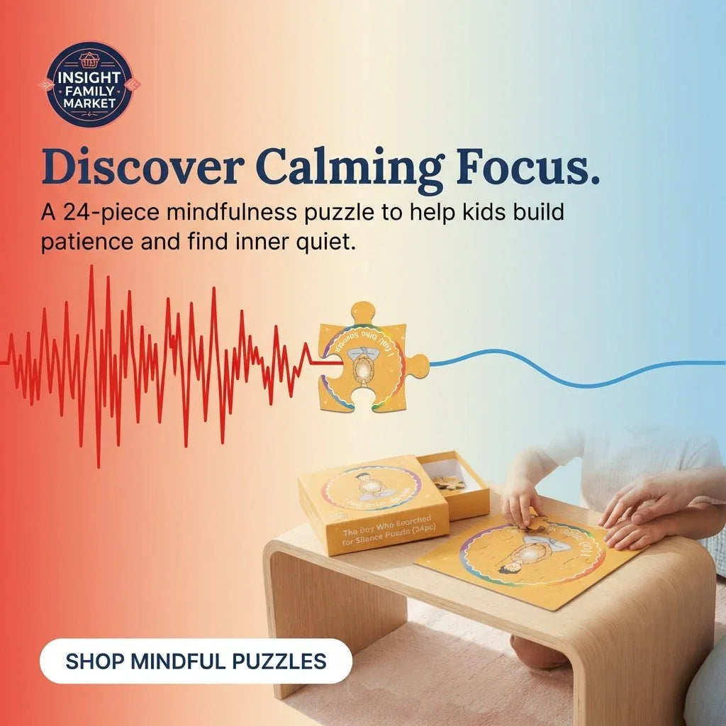 Child assembling mindfulness puzzle at a wooden table, promoting calming focus and patience.