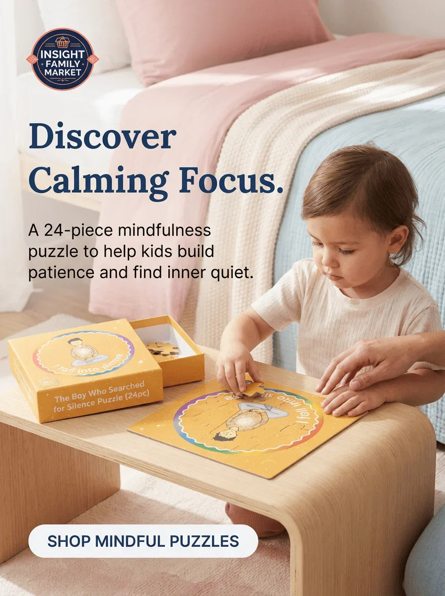 Young child assembling a 24-piece mindfulness puzzle on a wooden table, promoting calming focus.