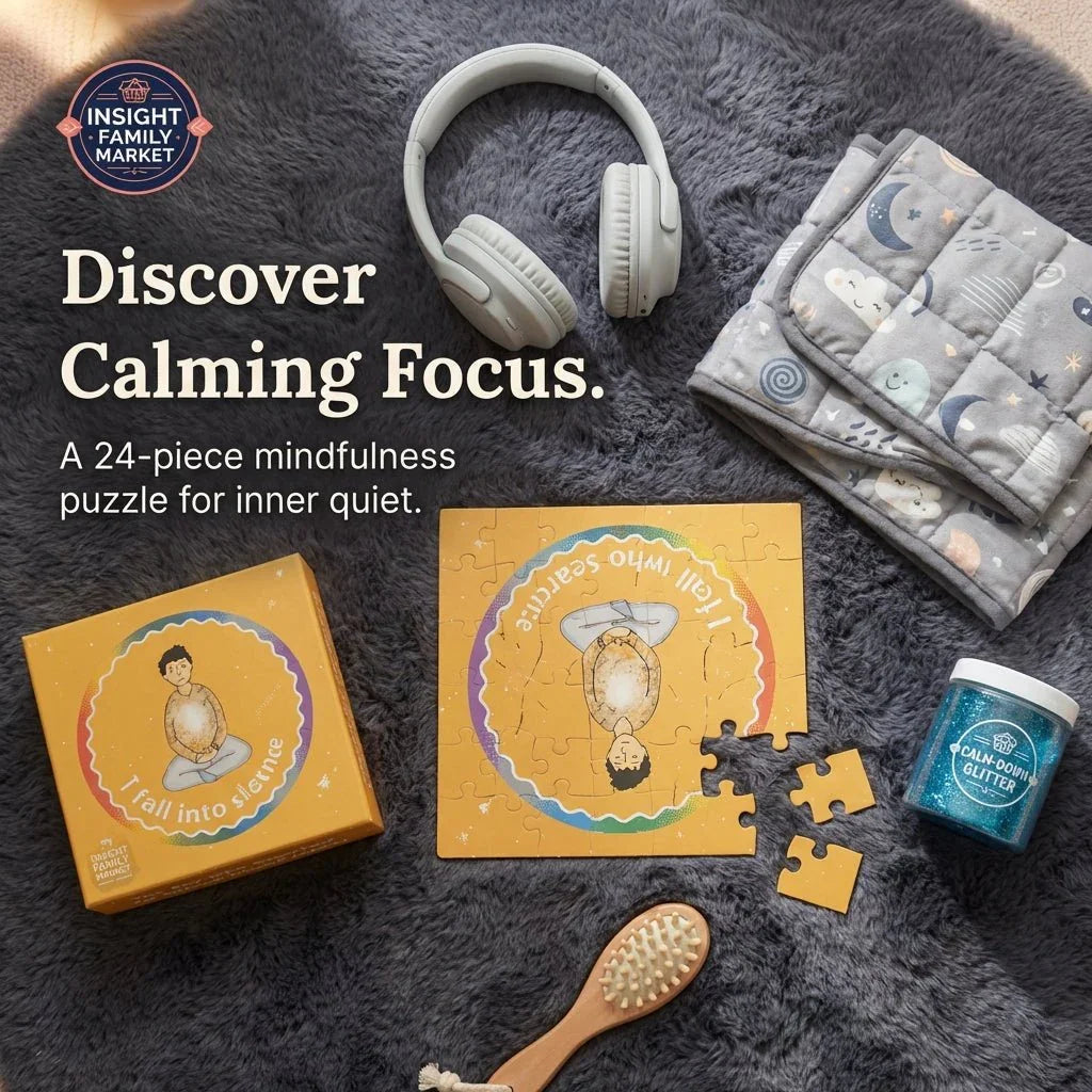 Mindfulness puzzle for kids, headphones, calming glitter, sensory blanket, and brush on soft rug