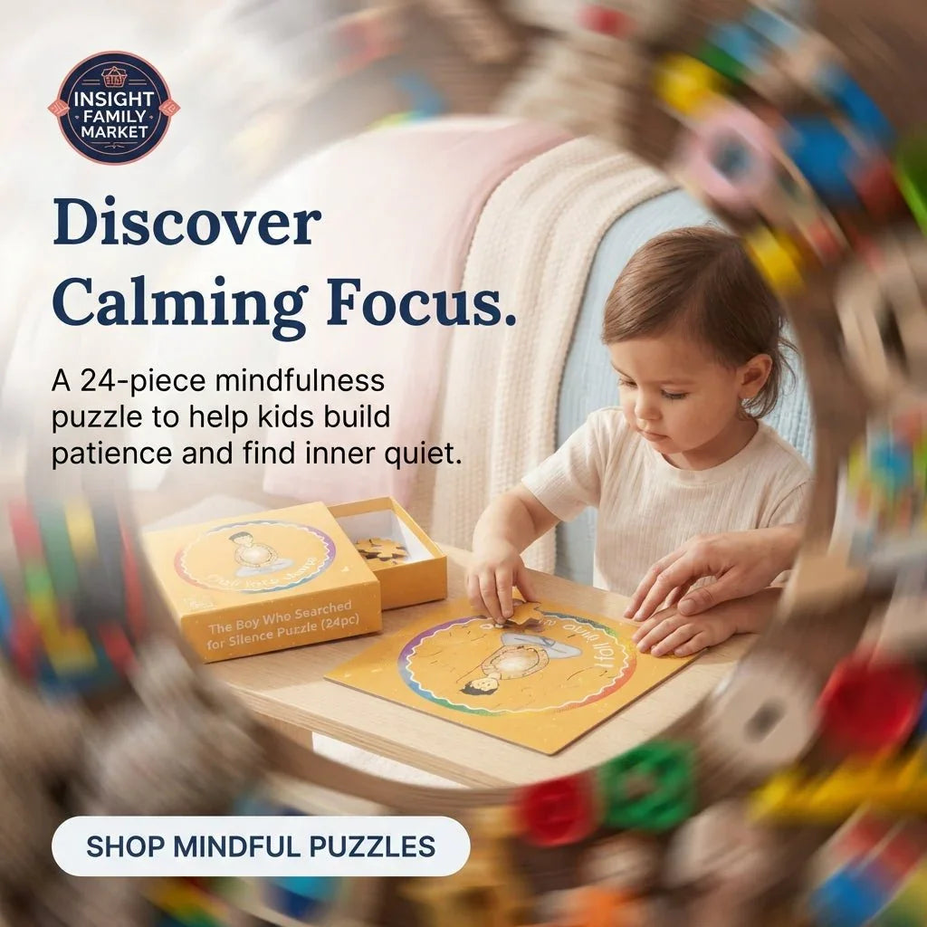 Young child assembling a 24-piece mindfulness puzzle for calming focus at a table.