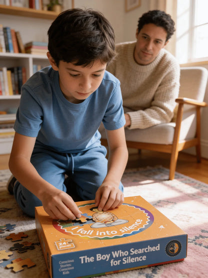 Boy assembling 'The Boy Who Searched for Silence' sensory puzzle with adult observing