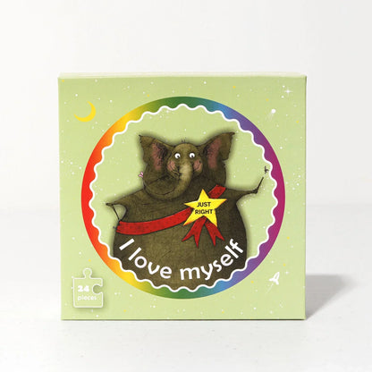 24-piece kids puzzle with illustrated elephant, rainbow border, and 'I love myself' text