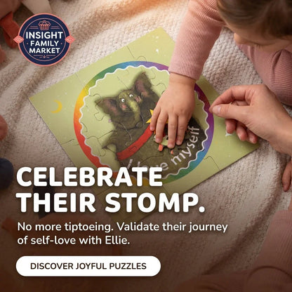 Child and adult assemble sensory-friendly elephant puzzle, promoting joyful learning and self-love.