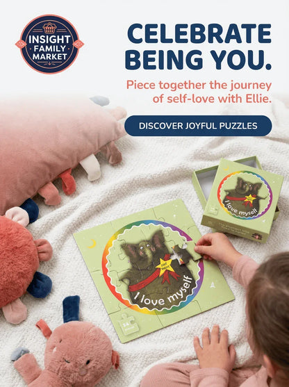 Child assembling an 'I love myself' self-esteem puzzle with plush toys on a blanket.