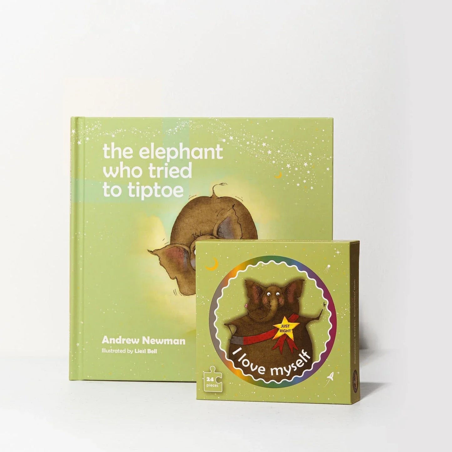 Children's book 'The Elephant Who Tried to Tiptoe' and matching elephant puzzle
