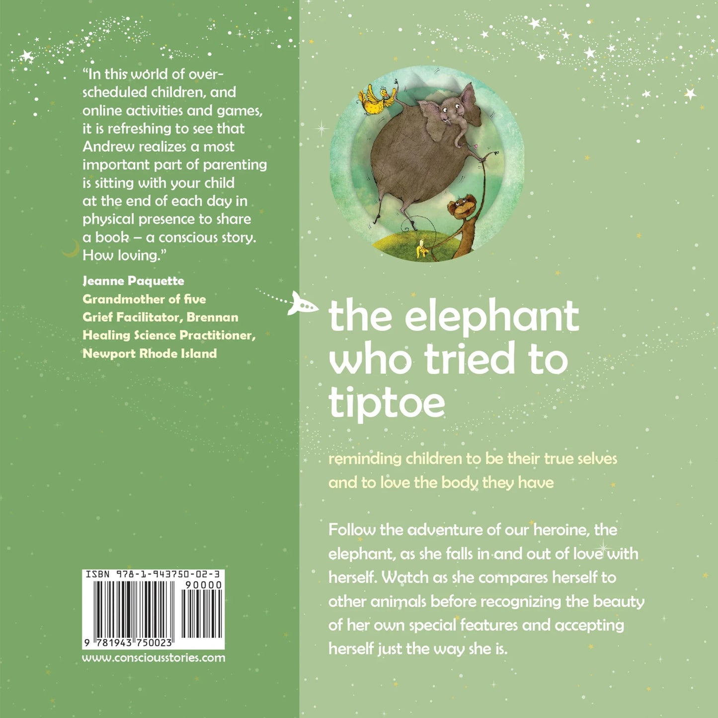 Back cover of children's book 'The Elephant Who Tried to Tiptoe' with illustration of an elephant and encouraging text for kids about self-acceptance.