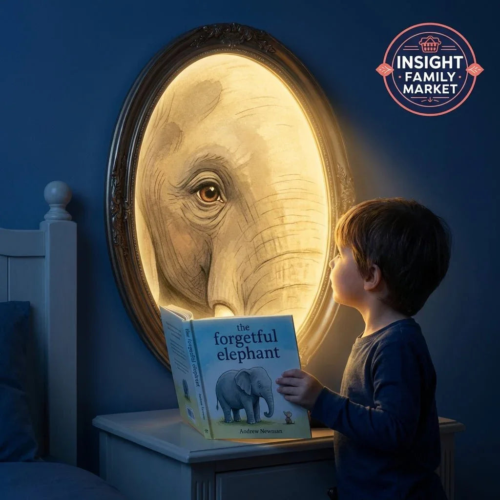 Child reading 'The Forgetful Elephant' book, illuminated elephant portrait in frame nearby.