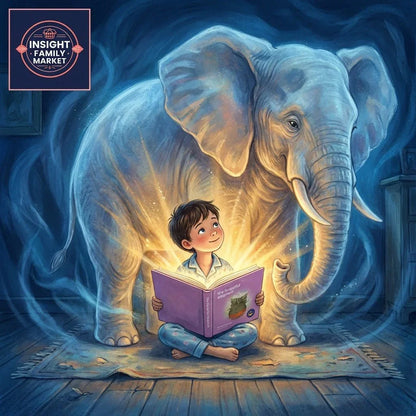 Child reading 'The Forgetful Elephant' storybook with glowing light, supportive elephant beside them
