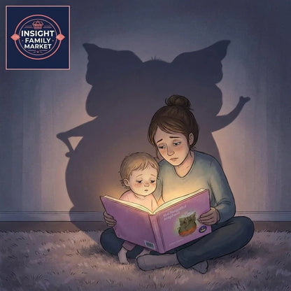 Mother and child reading a picture book on carpet with comforting animal shadow on wall