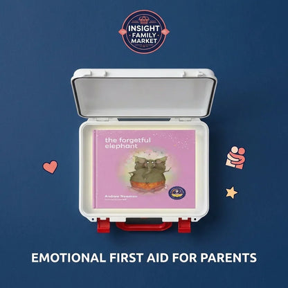 Open first aid kit with 'The Forgetful Elephant' book for emotional support, blue background