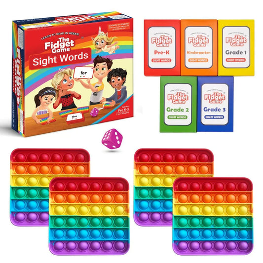 Sight words educational game with colorful pop its, dice, and levelled card decks for kids