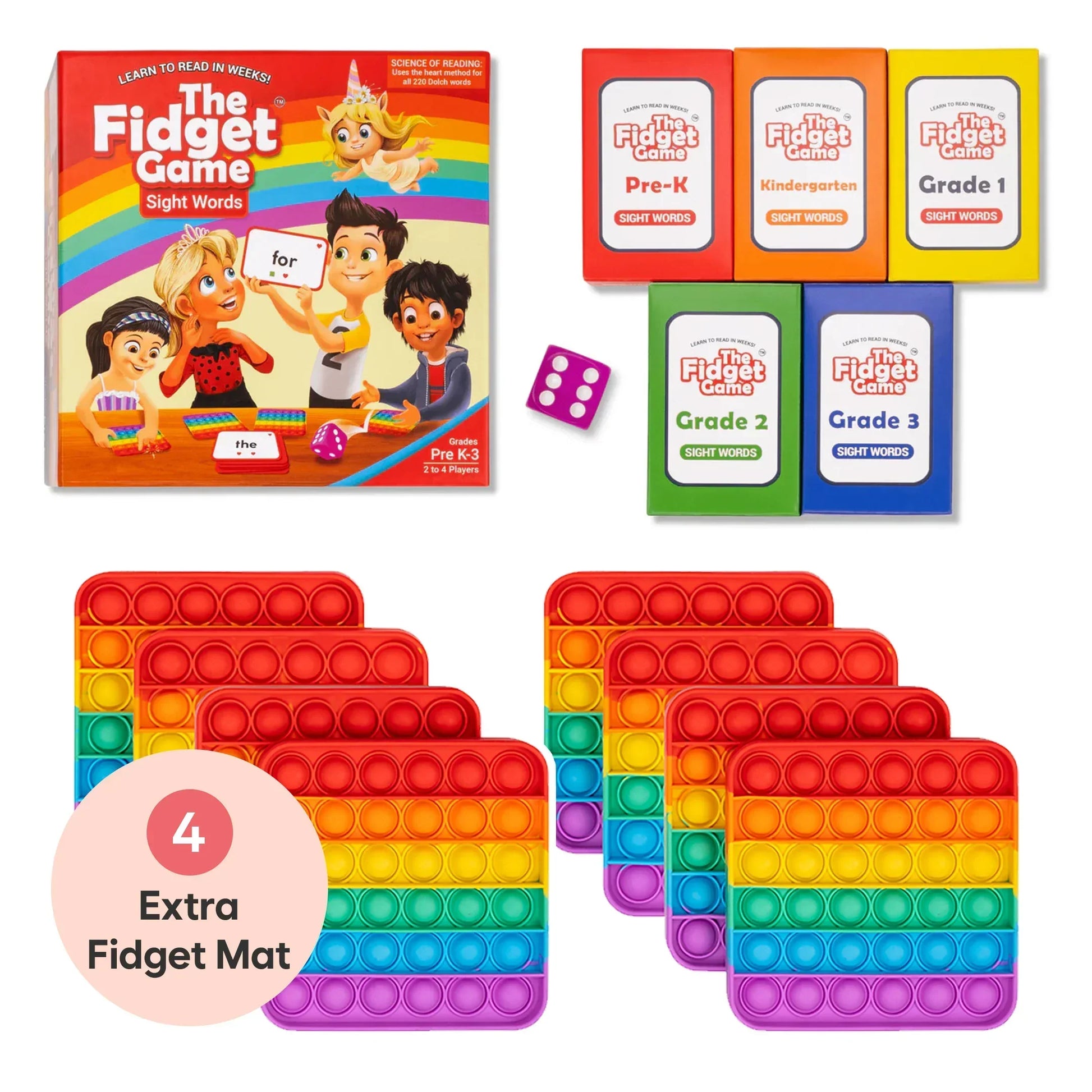 The Fidget Game Sight Words set with flash cards, rainbow pop fidget mats, and a purple dice.