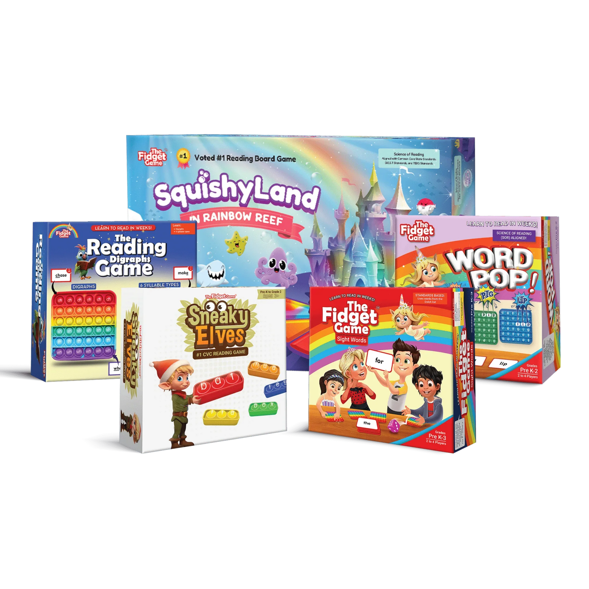 Colorful early literacy board games for kids, featuring reading and sight word activities.