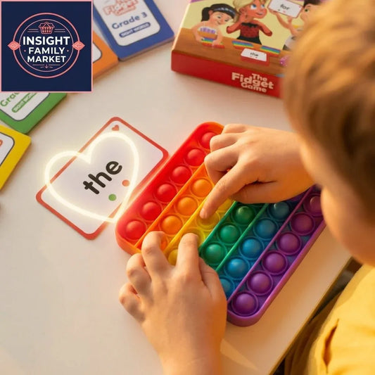 Child using rainbow sensory pop toy with sight word flashcards and educational game for learning support
