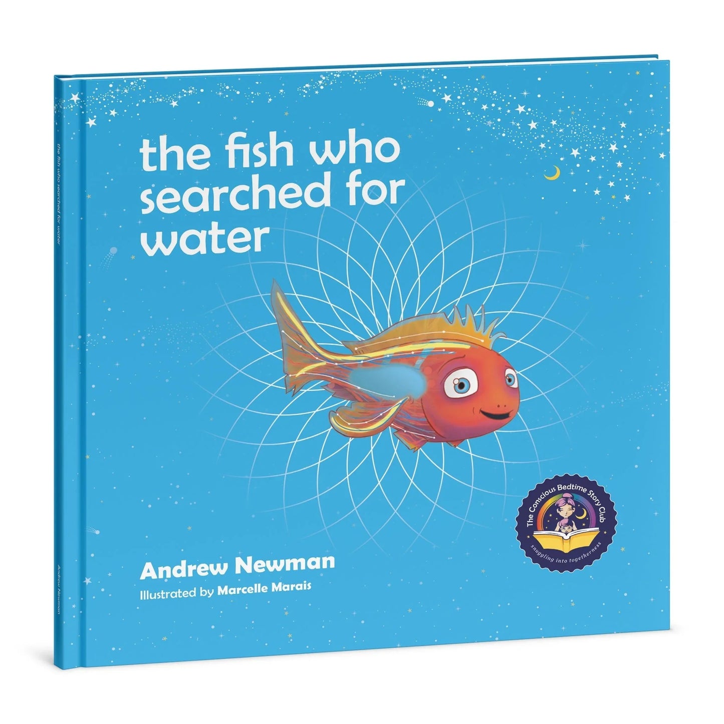 Children’s book cover with colorful fish, blue background, stars, and water pattern design.