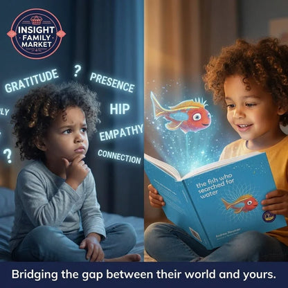 Neurodiverse child thinking and reading sensory-friendly book with magical fish, empathy and connection concepts