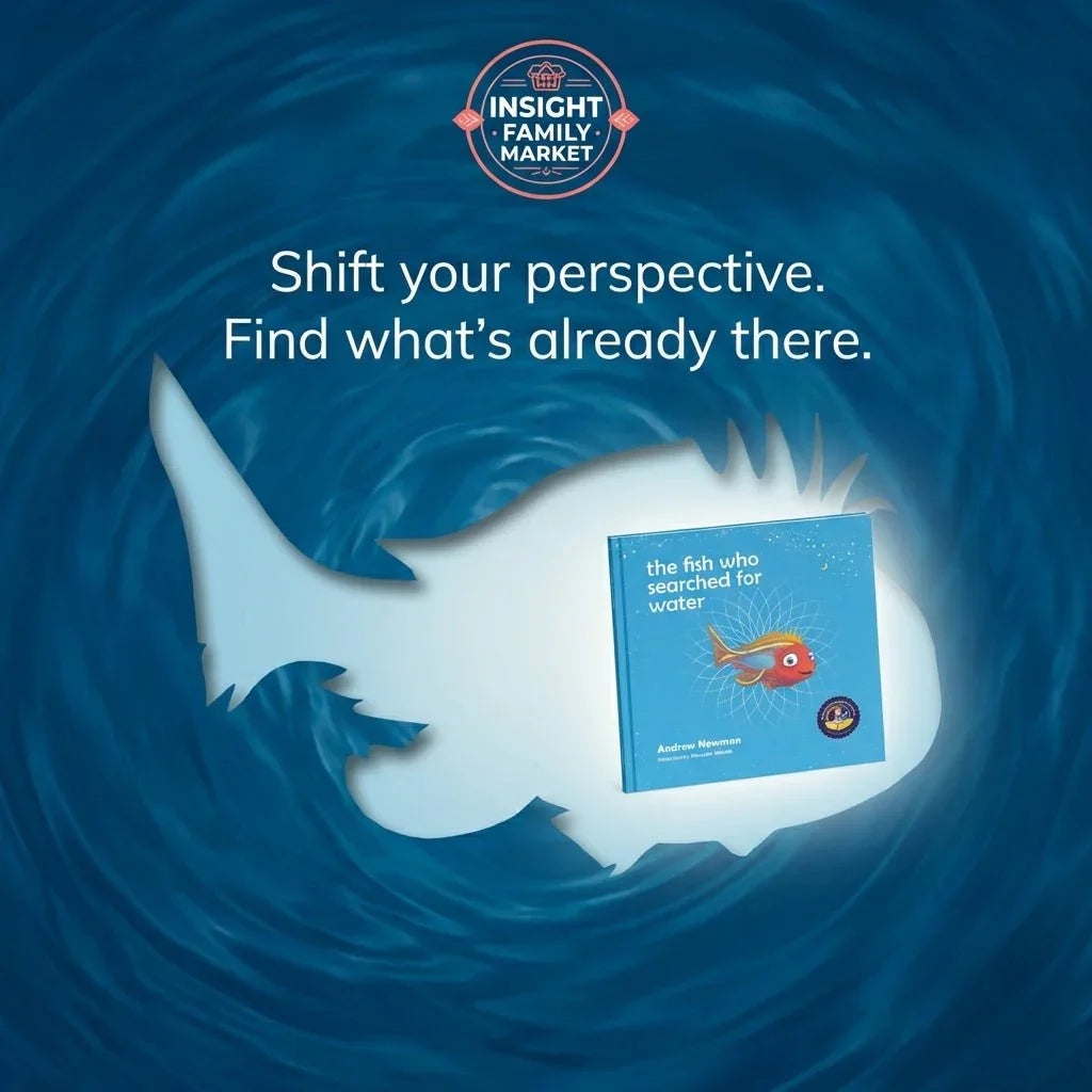 Children’s book about self-discovery, 'The Fish Who Searched for Water,' on a blue fish silhouette background.