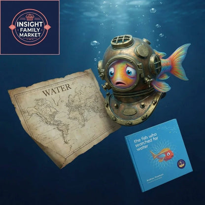 Underwater scene with a sad cartoon fish in a brass diving helmet, a vintage map labeled 'water', and a children's book titled 'the fish who searched for water'.