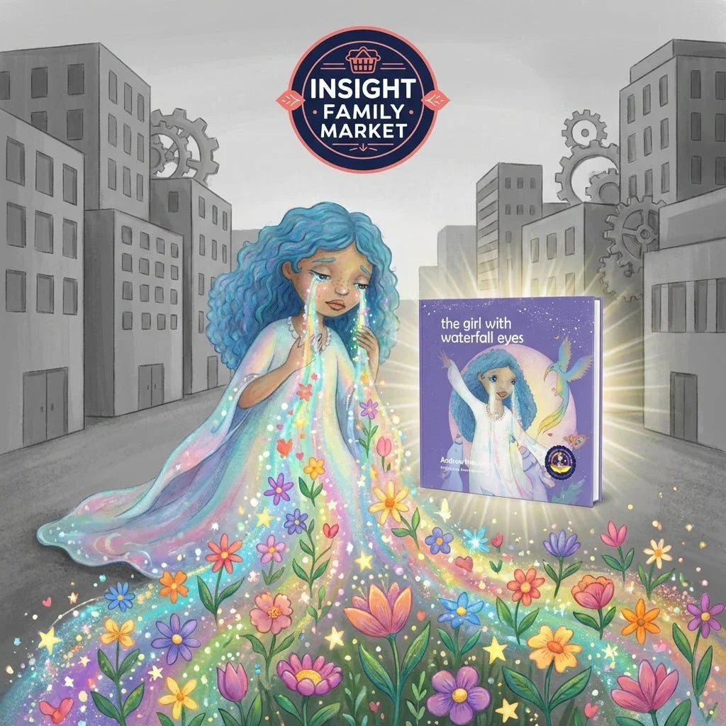 Illustration of a girl with blue hair crying rainbow tears that turn into blooming flowers, alongside the book 'the girl with waterfall eyes'.