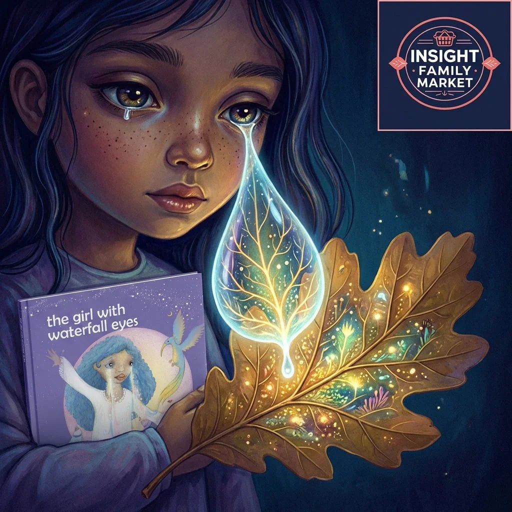 Illustrated girl with tear-shaped leaf, holding sensory-friendly book for neurodiverse kids