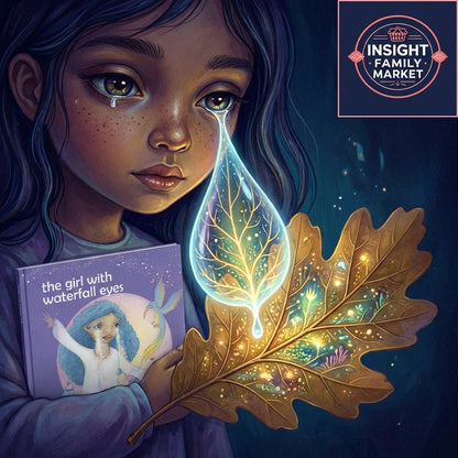 Illustrated girl with tear-shaped leaf, holding sensory-friendly book for neurodiverse kids