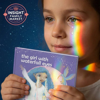 Child holding a sensory-friendly book with rainbow light and teardrop, autism learning tool