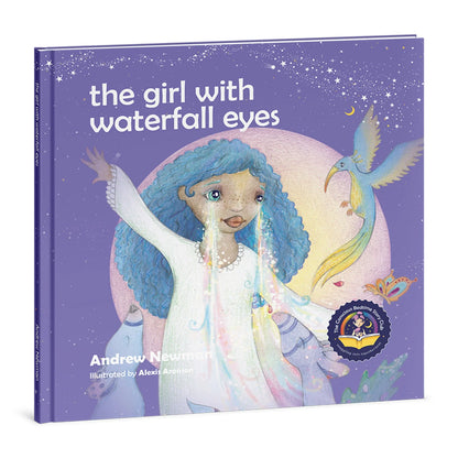 Children's book cover showing a blue-haired girl with waterfall eyes, bird, and stars, sensory-friendly